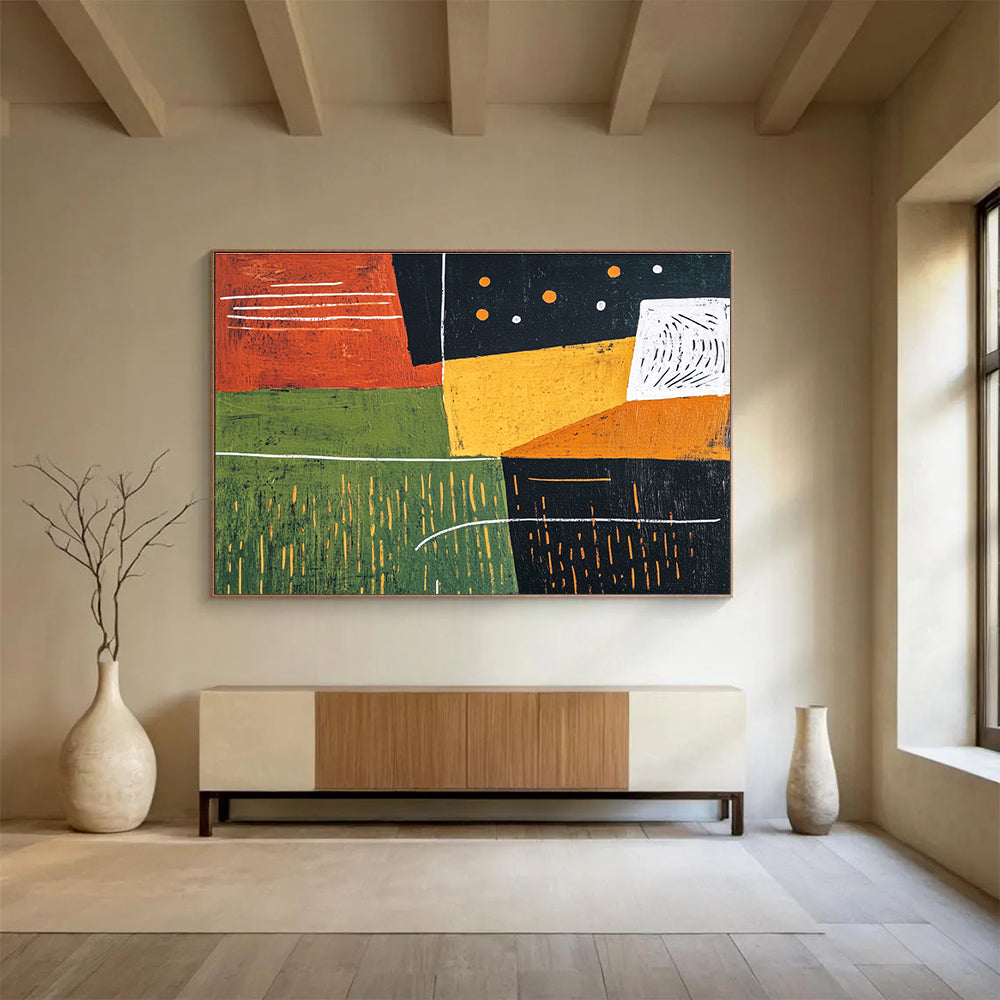 This large abstract painting features bold green orange and black shapes with a dark red background and geometric figures evoking movement and freedom.SC520