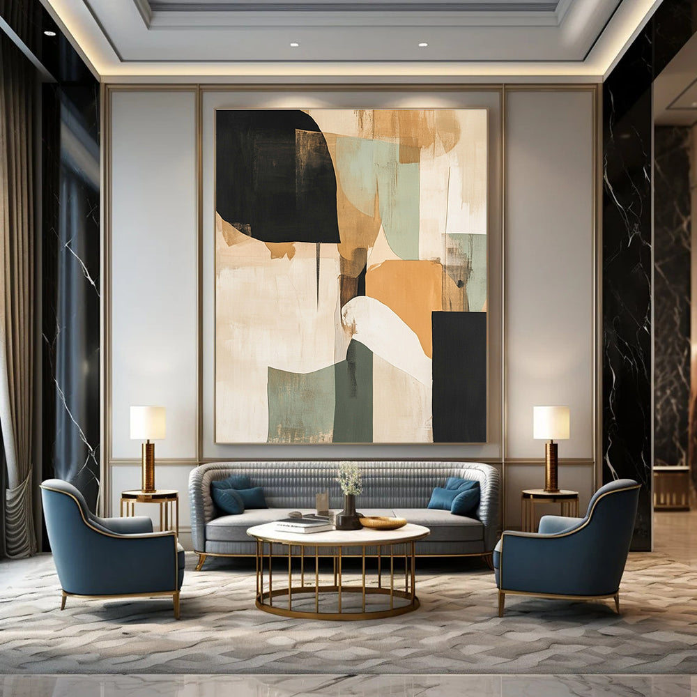Large abstract painting with beige black and green tones layered with texture featuring organic shapes and a light orange design resembling a tree or cloud.STSC737