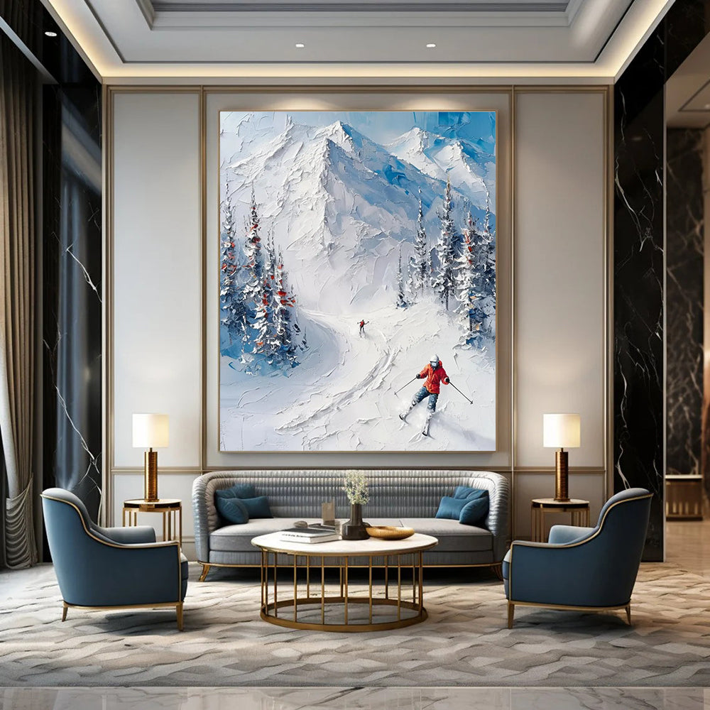 Textured Snow Mountain Ski Scene Abstract Painting with Blue and White ADGE313