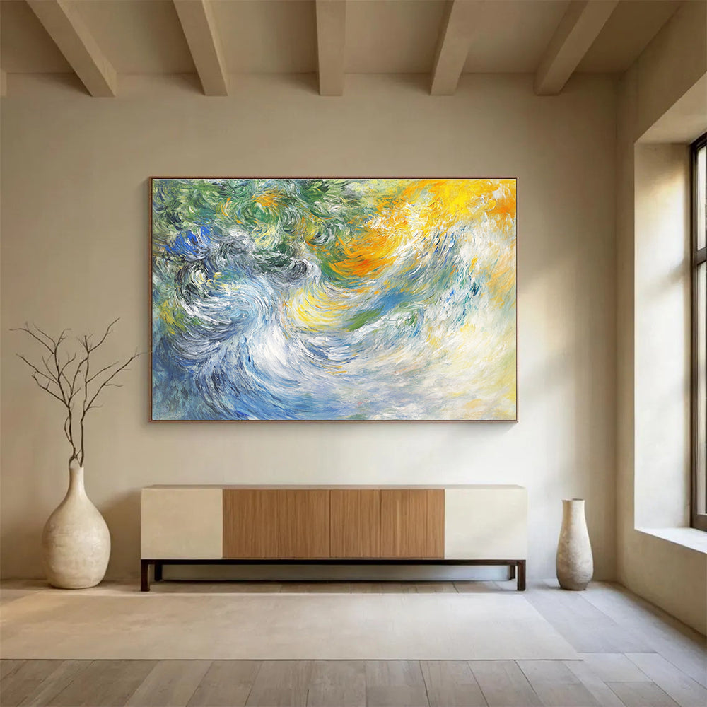 A large abstract painting of white water waves with expressive brush strokes soft colors and a dynamic interplay of light and movement.SC414