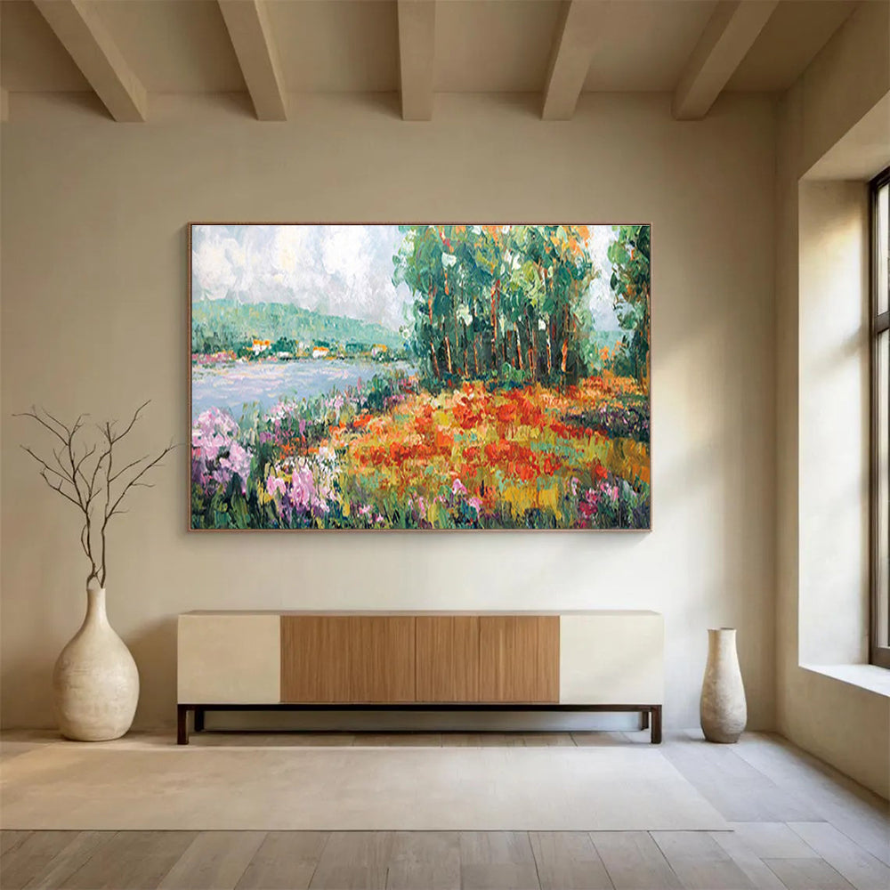 Lakeside Flower Field Abstract Painting with Colorful Floral Tones THY228