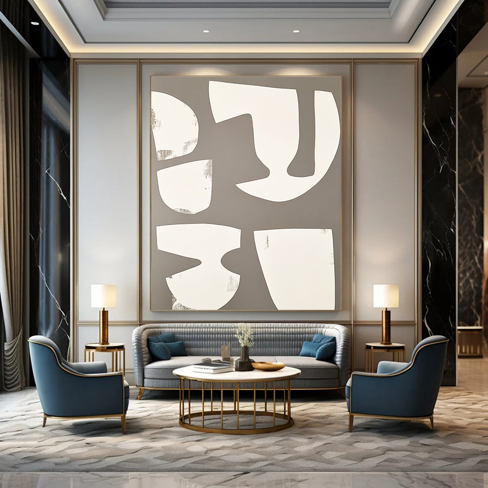 Large abstract artwork featuring white shapes on a grey background inspired by minimalist cubist style reminiscent of Henri Matisse.STSC1491