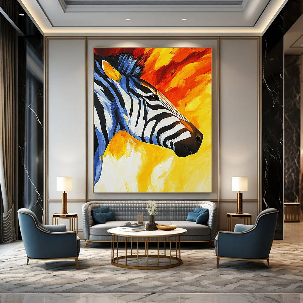 Abstract painting featuring a zebra's face and neck with vibrant stripes in yellow orange red blue white and black capturing movement and texture.STSC961