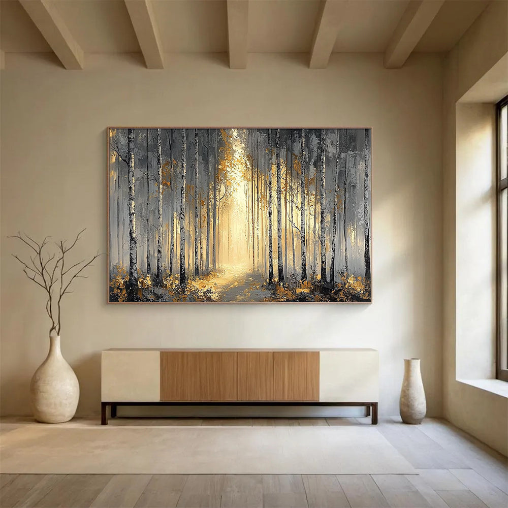 Misty Forest Abstract Painting with Grey and Gold Tones THY159