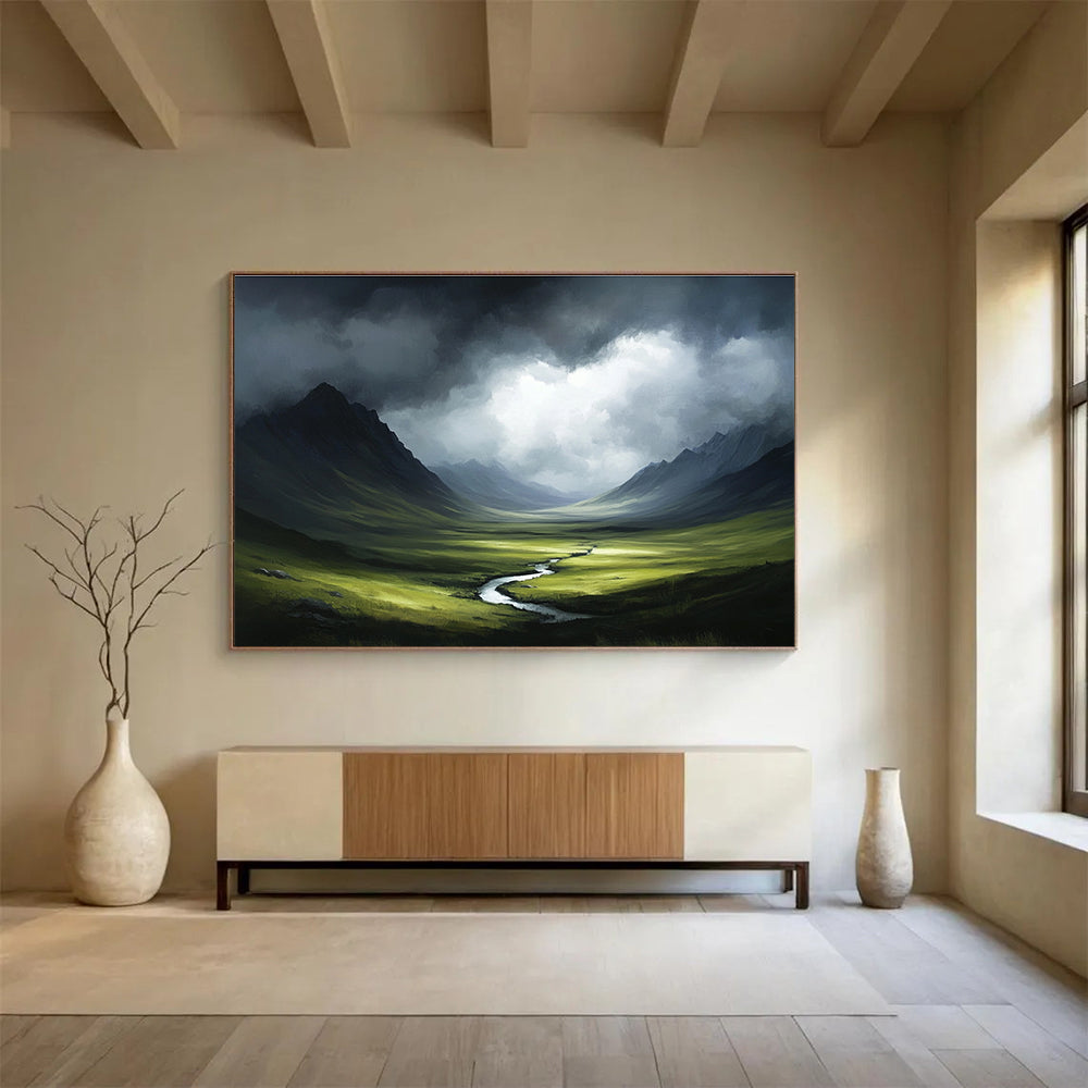 A large abstract painting of the Scottish Highlands featuring stormy skies and dark greenery in a painterly style reminiscent of Greg Rutkowski.SC607
