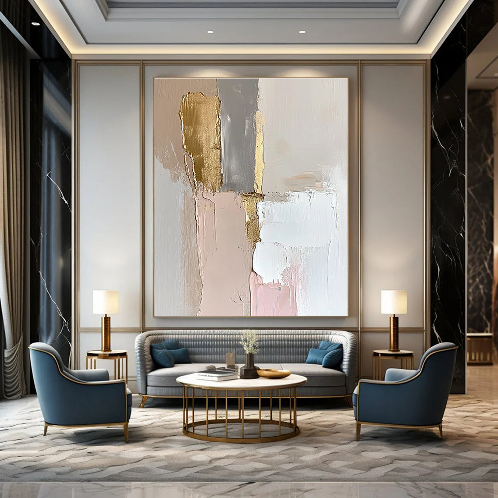 Large abstract oil painting featuring an elegant wall in white and gold with thick strokes and pastel tones enhanced by gold leaf accents.STSC147