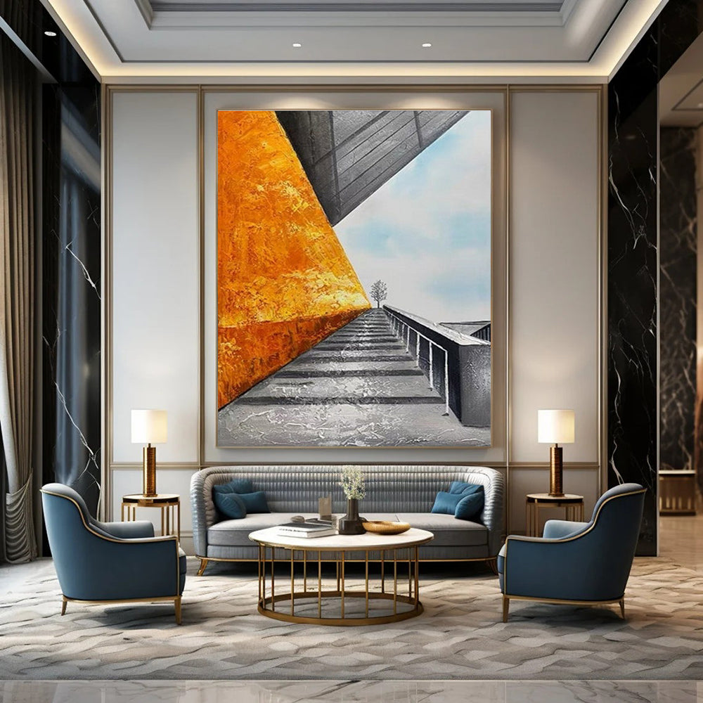 Architectural Landscape Abstract Painting with Orange and Gray ADGE281