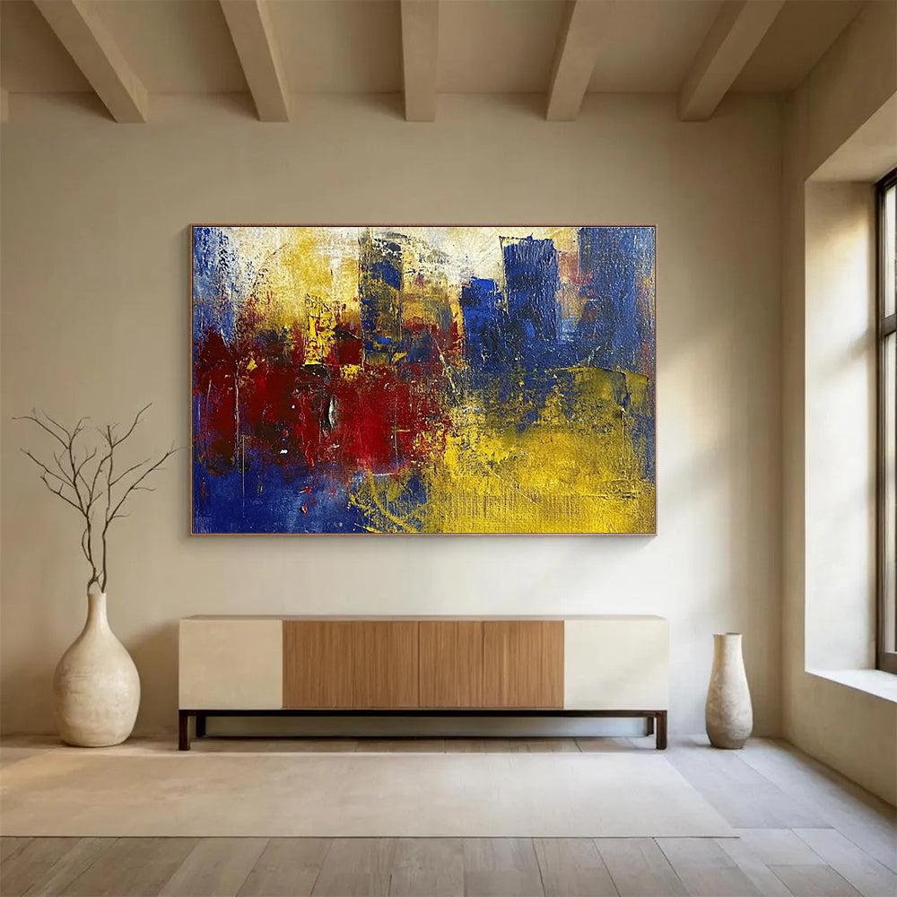 Textured Cityscape Abstract Painting with Blue Red and Yellow DYP515