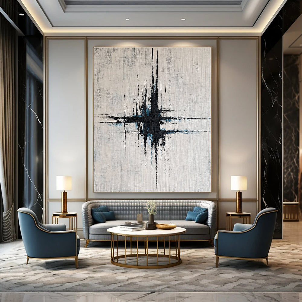 Large abstract painting with vibrant blue and gray lines on a white background featuring vertical brushstrokes and dynamic light effects.STSC439