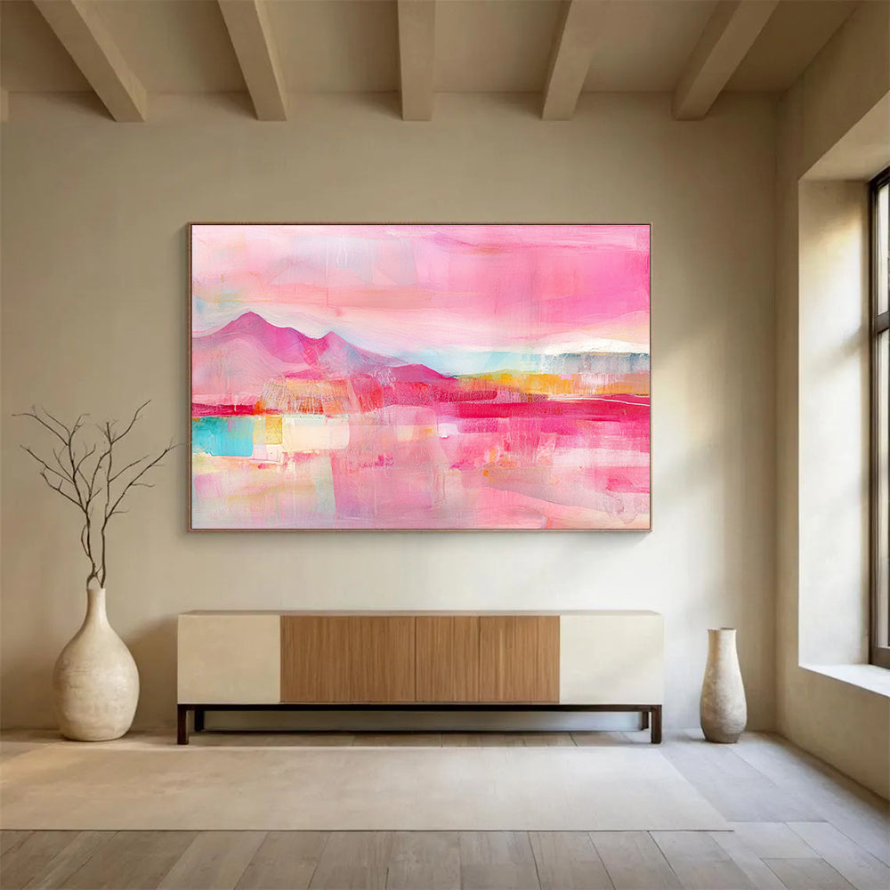 A large abstract painting featuring a pink sky with layers of soft pastel colors and textured brushstrokes, perfect for enhancing any space.SC344