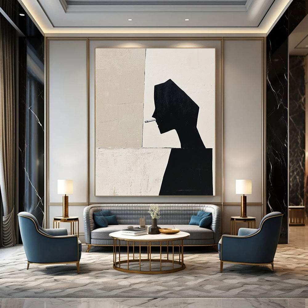 Large abstract painting featuring a black silhouette of a woman's body in profile with geometric shapes and minimalistic deconstructed tailoring in a monochromatic palette.STSC1486