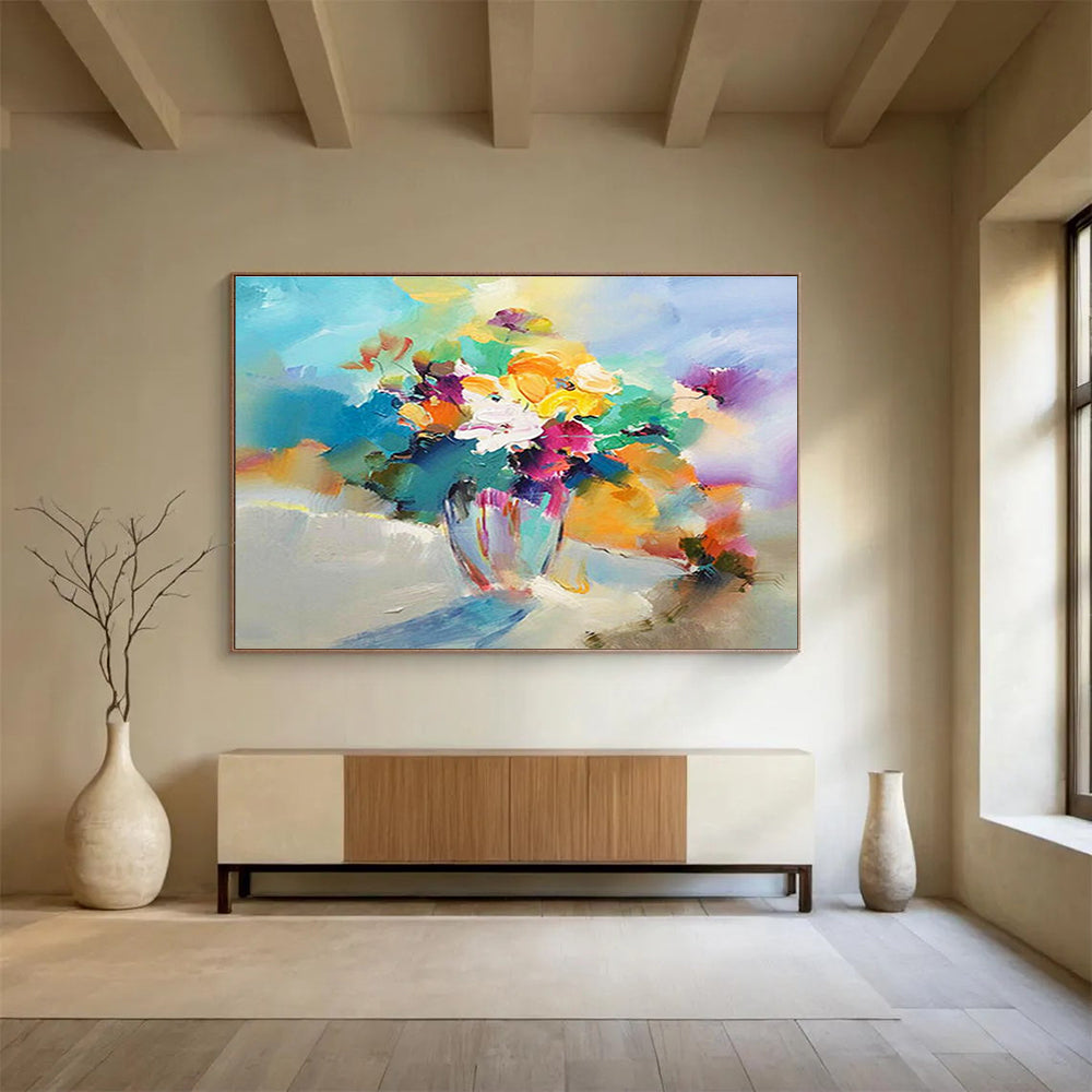 Colorful Flower Vase Abstract Painting with Mixed Bright Hues THY191