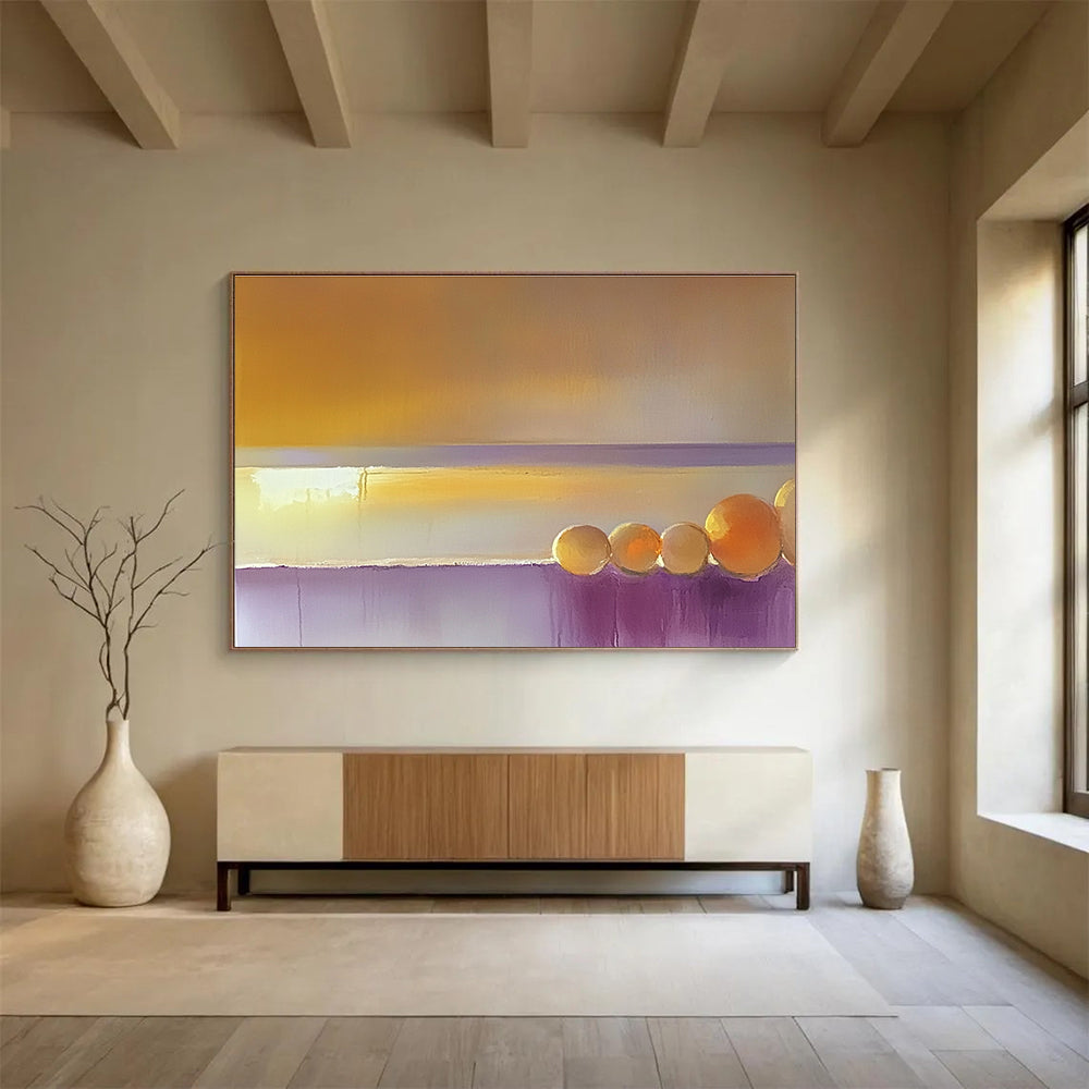 Large abstract painting of the sea featuring a muted horizon with warm yellow and orange light blending into beige and violet tones.SC202