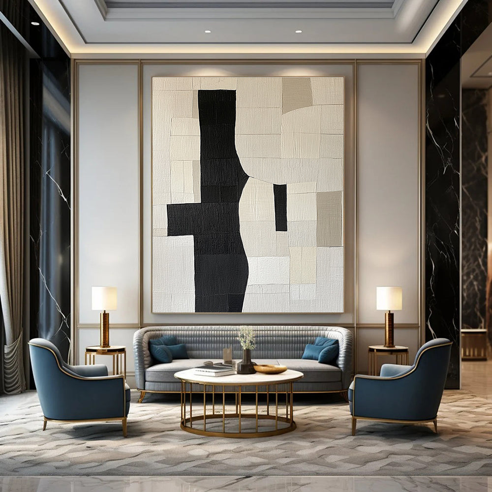 Large abstract painting featuring deconstructed doorway shapes in black grey and beige on a flat white background creating a minimalist collage effect.STSC392