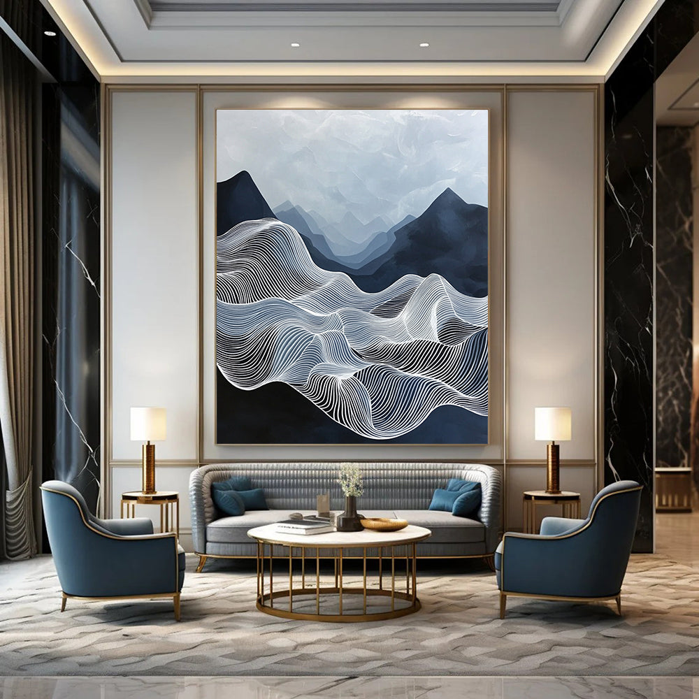 Large abstract painting of ethereal waves with flowing white lines against a deep blue sky featuring black mountains and mysterious organic forms.STSC1147