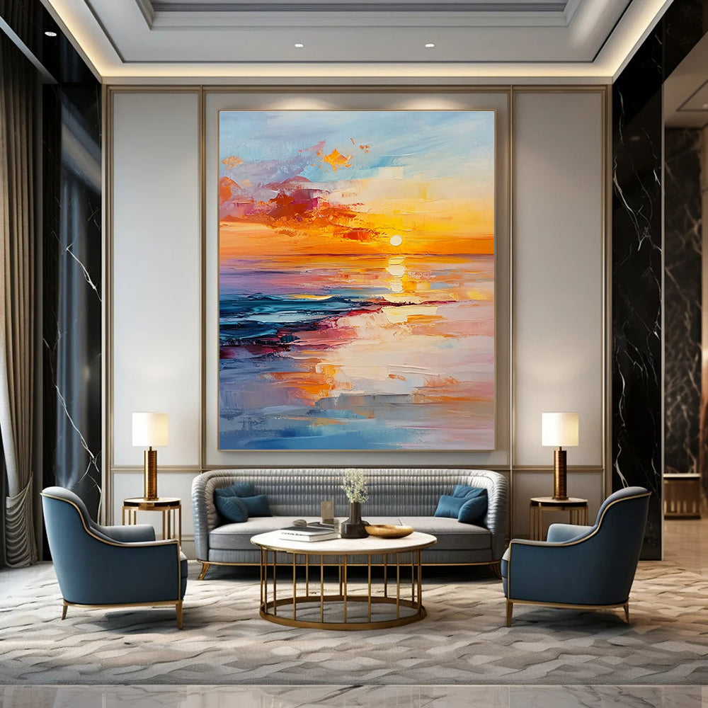 Abstract painting of a sunset over the ocean with vibrant orange and pink hues reflecting on serene waters conveying tranquility and harmony.STSC895