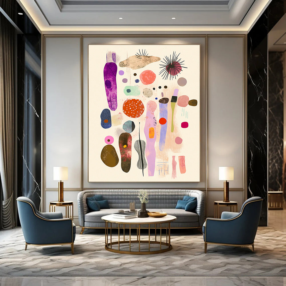 Large abstract collage featuring pastel fabrics ribbons and organic shapes designed for mid-century modern interiors. Whimsical yet sophisticated aesthetic.STSC1049