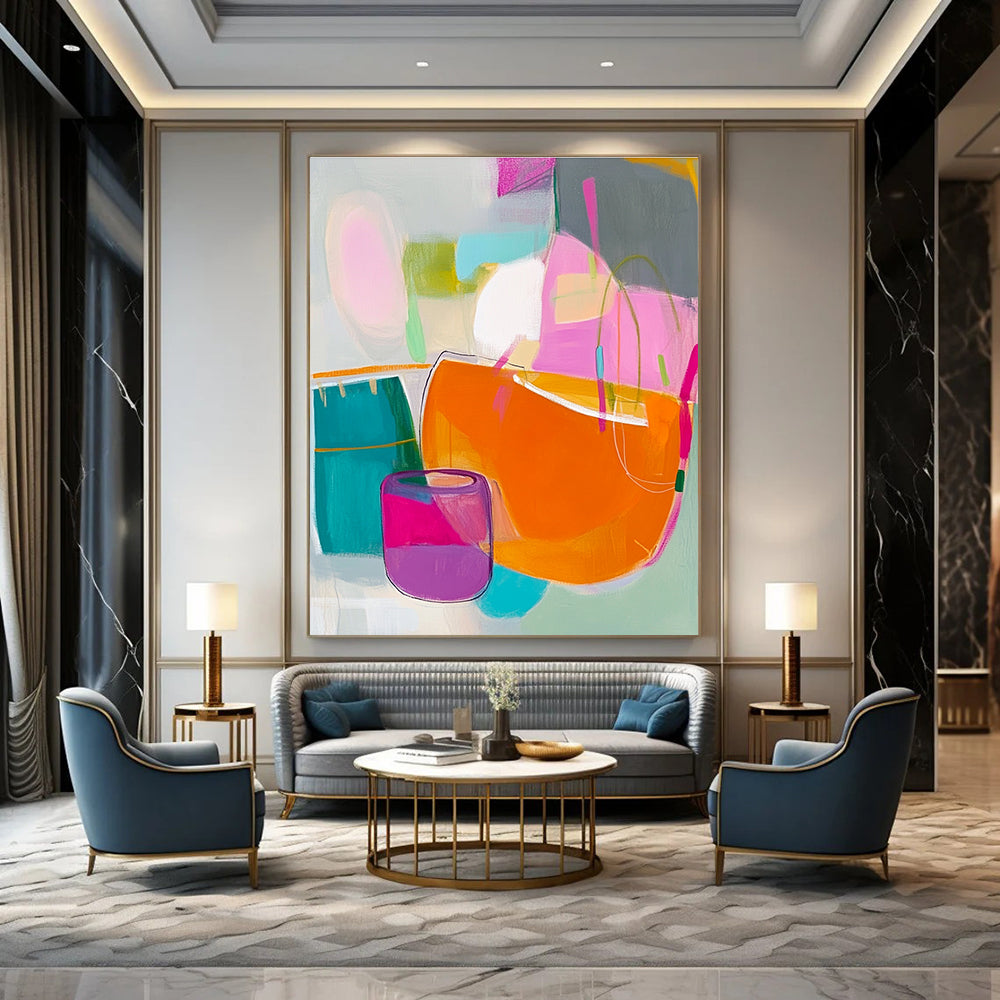 Abstract painting features pink green yellow shapes with an orange handbag blue box and purple jar on a soft gray background.STSC788