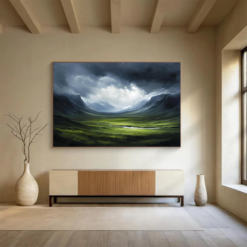 Mountain Valley Storm Dramatic Abstract Painting with Dark and Green Tones DYP604