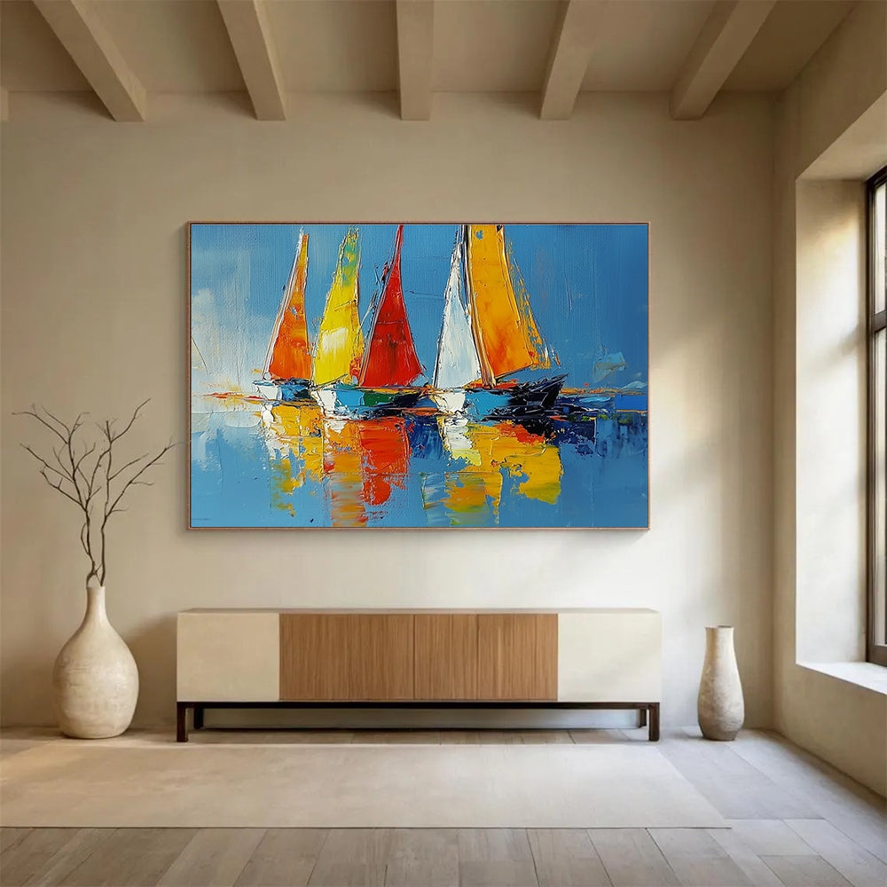 Large abstract painting of sailboats on vibrant water using palette knife techniques, showcasing energetic brushstrokes and a serene atmosphere.SC274
