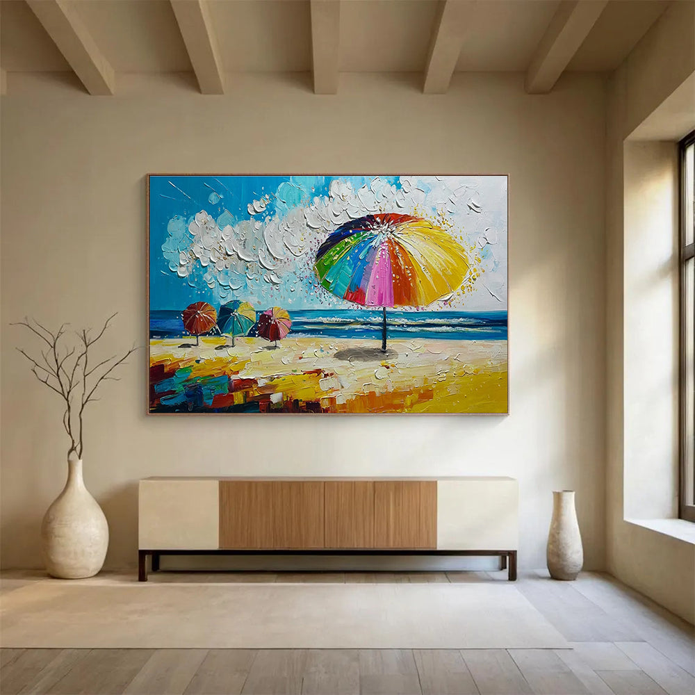 Beach Umbrella Scene Abstract Painting with Bright Coastal Colors THY310