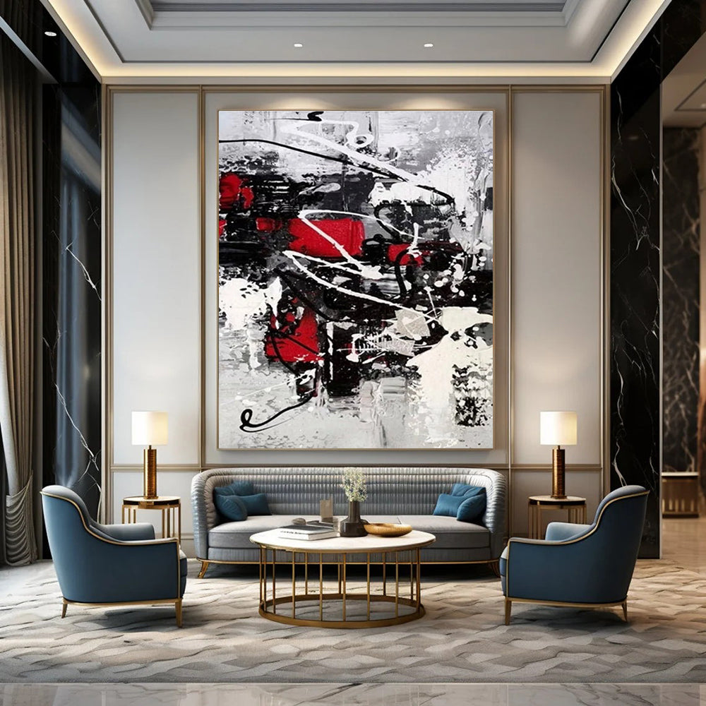Red - Accented Black and White Dynamic Abstract Painting ADGE383