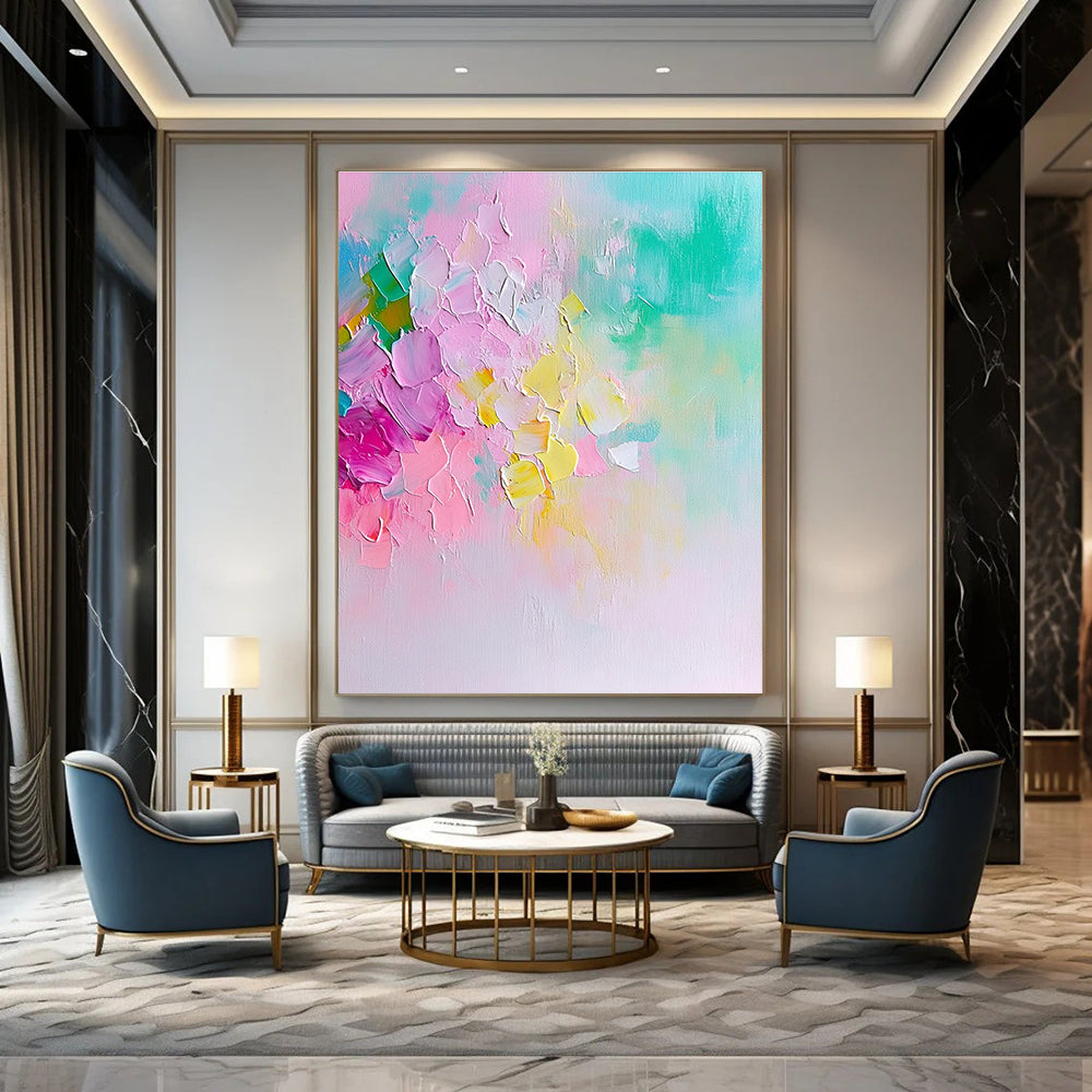 Large abstract painting in pastel colors featuring a floral composition with soft brush strokes and a dreamy springtime atmosphere.STSC442