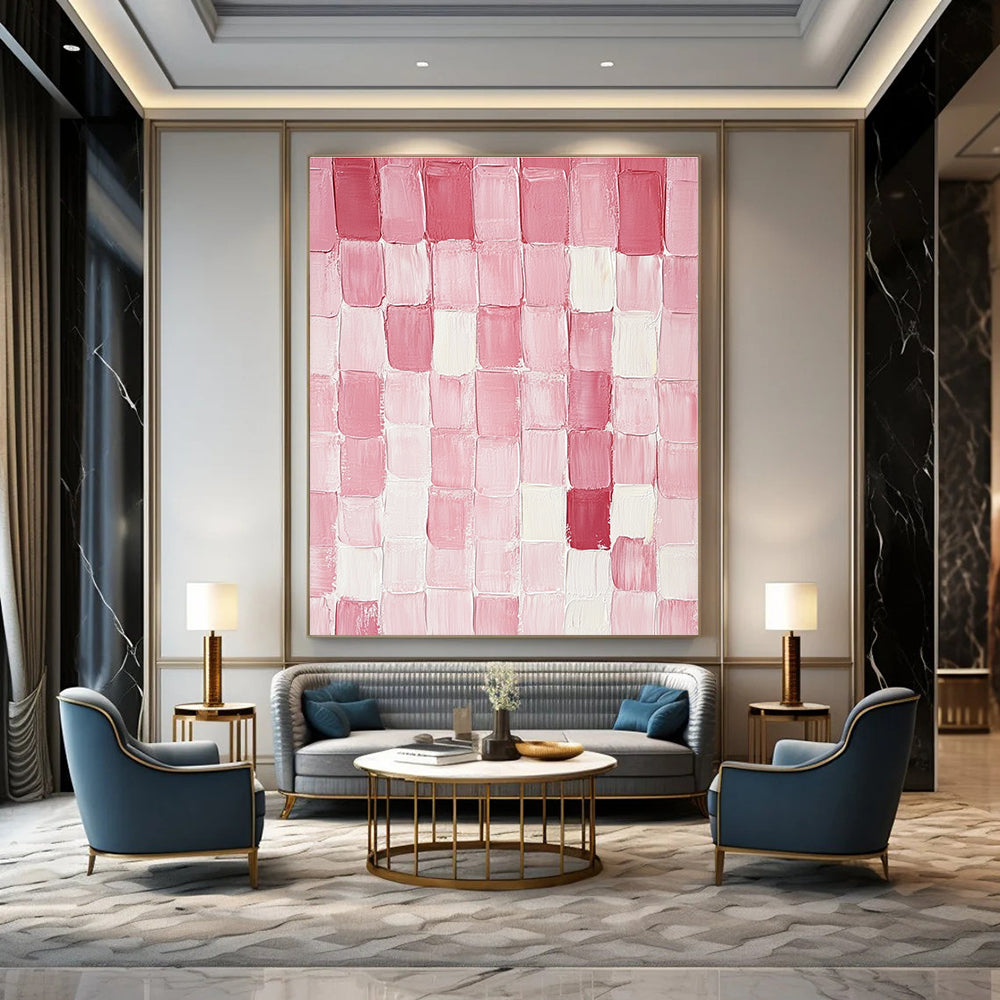 Large abstract painting featuring pink and glossy mottled rectangular blocks arranged on a pure white background with textured brushstrokes.STSC1411
