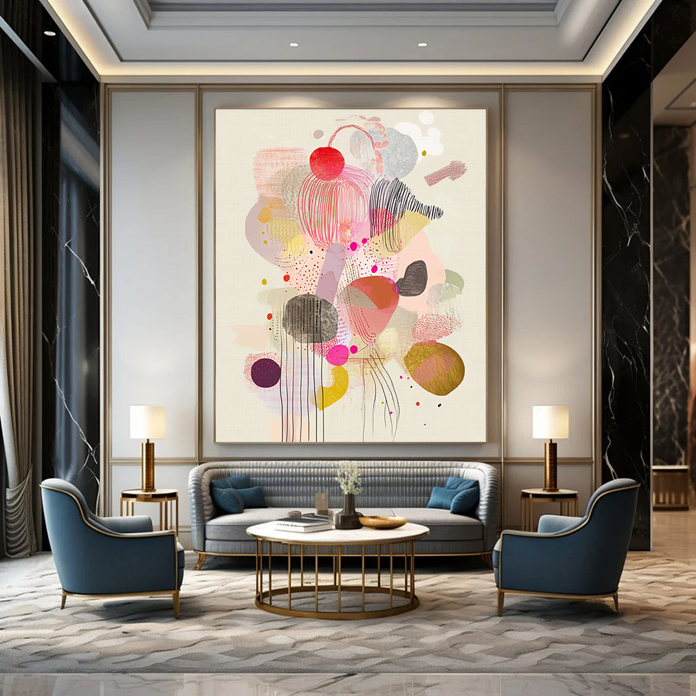 Large abstract artwork featuring whimsical floating shapes and patterns in soft pastels, showcasing bubbles ribbons and organic forms for playful visual depth.STSC1234