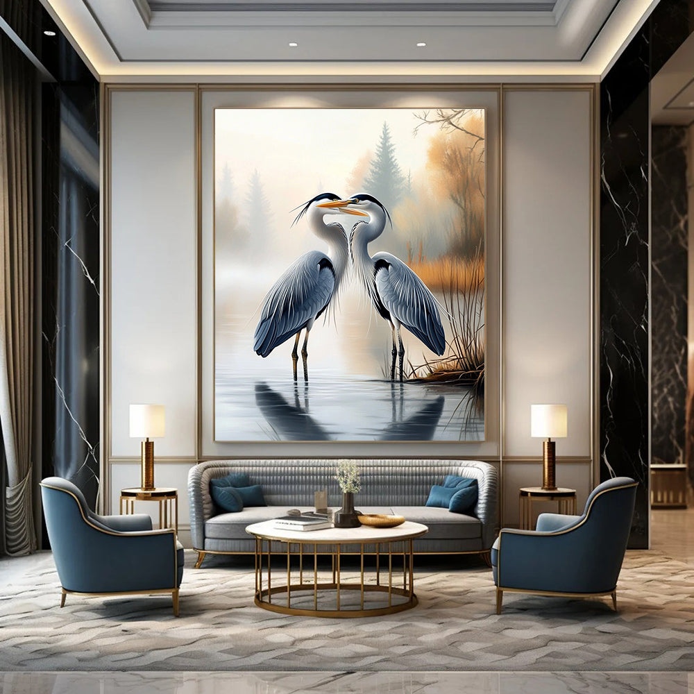 A large abstract painting featuring two herons on water's edge with a misty forest background showcasing realistic detail and serene beauty.STSC1451