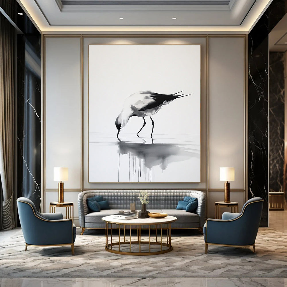 Large abstract ink painting featuring a graceful bird walking on water in a minimalist style with elegant movements and delicate brushstrokes on a pure white background.STSC907