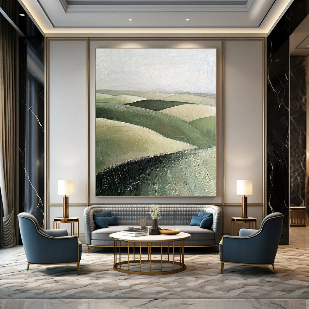 Large Abstract Painting of Green Rolling Hills in Textured Sage and Beige Tones Perfect for Adding Calmness to Any Space.STSC876