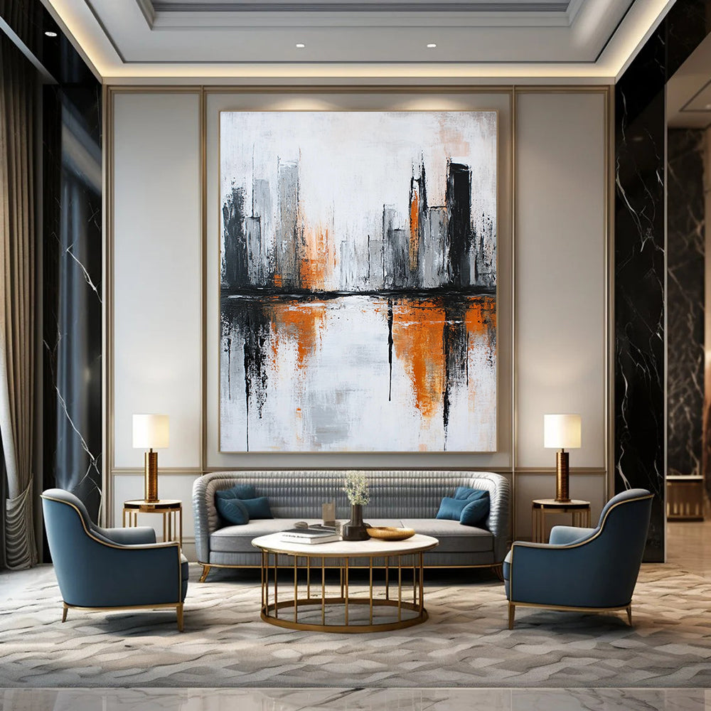 Large abstract painting featuring a river in an urban landscape with orange and gray accents highlighting themes of decay and modern art.STSC406