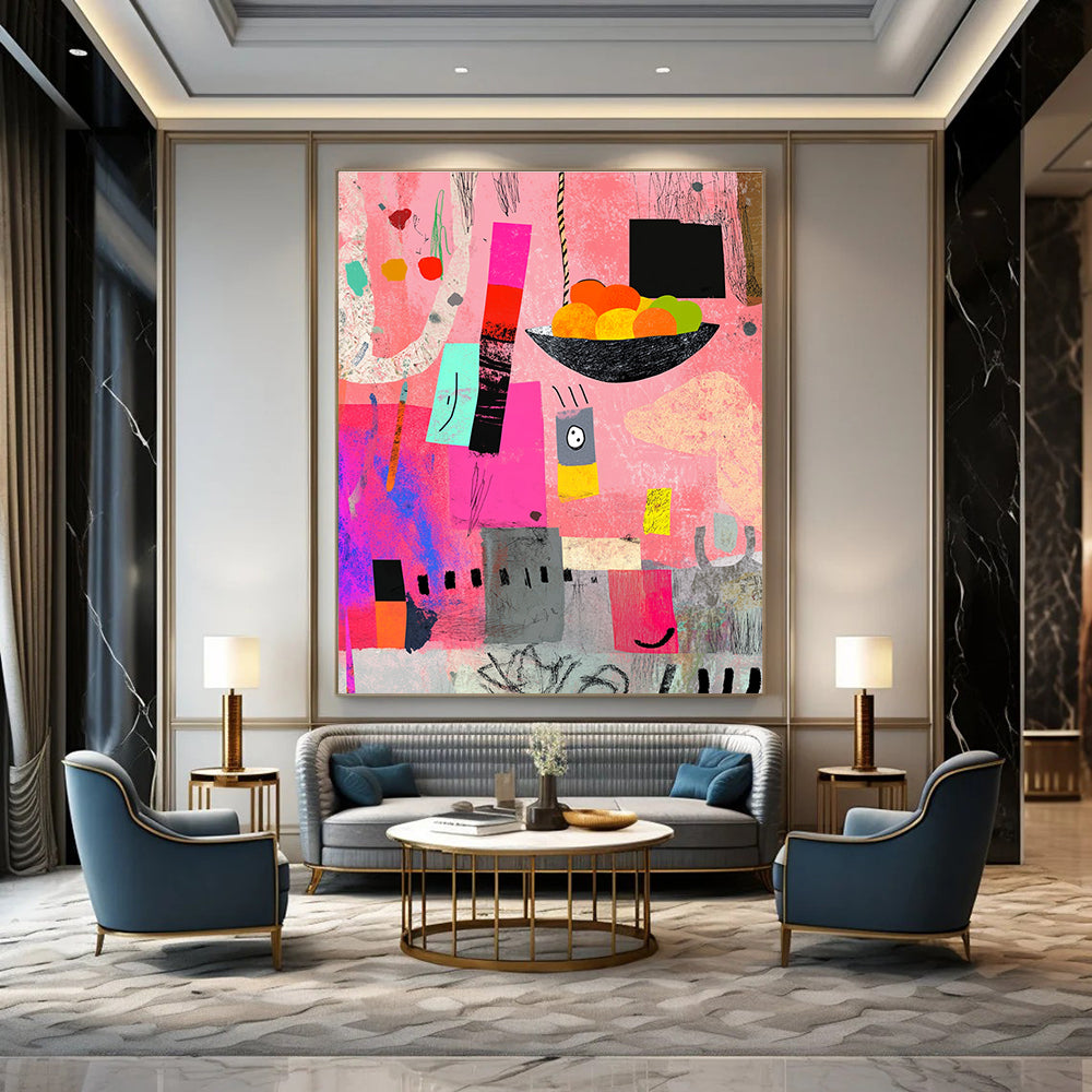 A large abstract painting featuring pink gray and black shapes with a bowl of fruits colorful scribbles and artistic texture elements.STSC969
