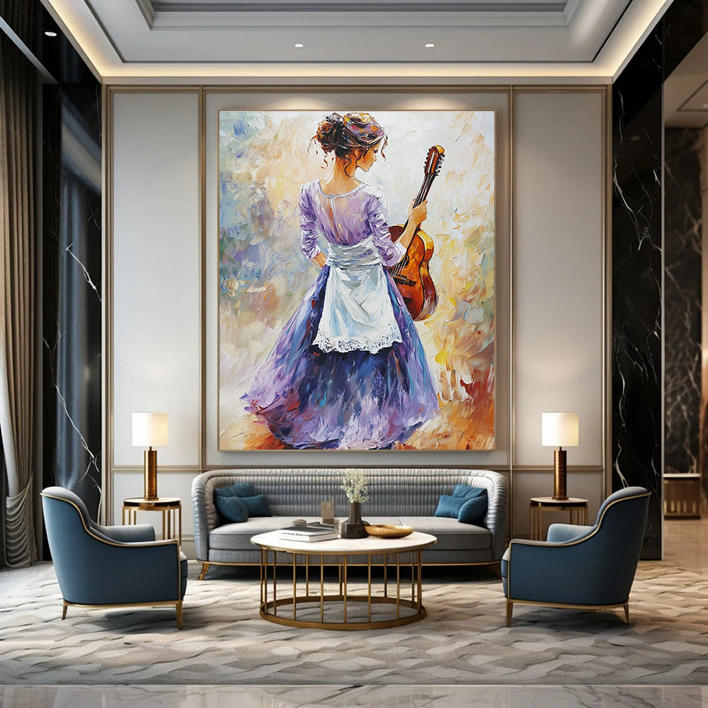 Large abstract oil painting featuring an elegant figure in a light purple dress and dark blue skirt holding a guitar with vibrant colors and soft lighting.STSC1373