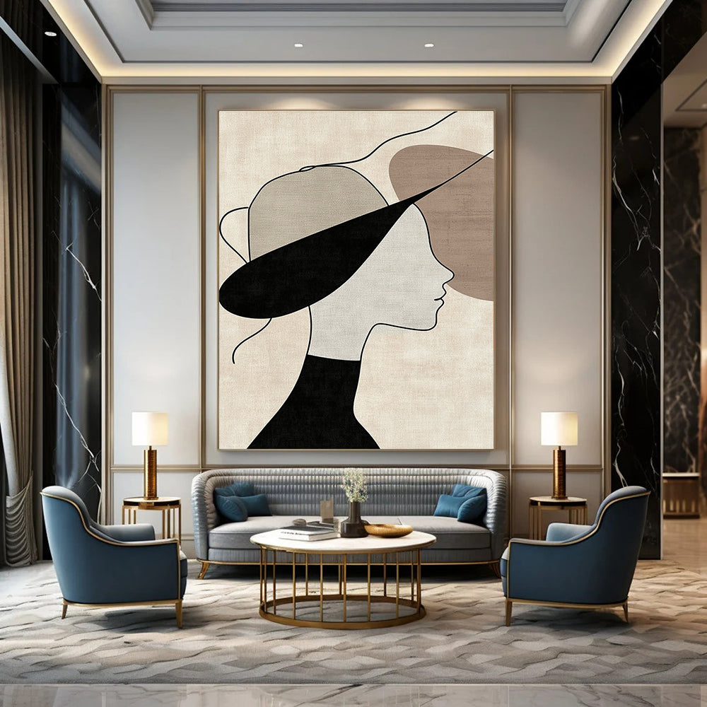 Abstract art featuring a woman in profile adorned with a hat on a beige background with visible brush strokes and neutral colors and black lines.STSC1335