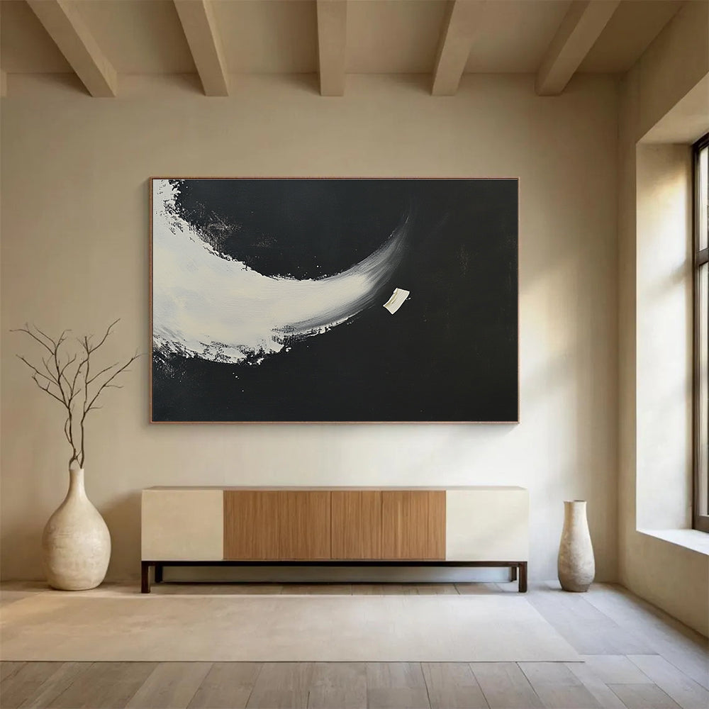 Black and White Crescent Abstract Painting with Bold Shapes DYP256