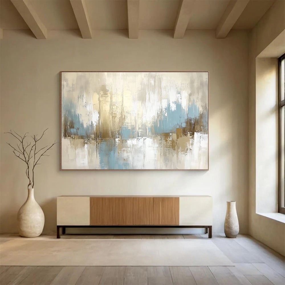 Large abstract painting in beige and white with light blue accents featuring soft tones and dreamy atmosphere for an elegant and tranquil space.SC097