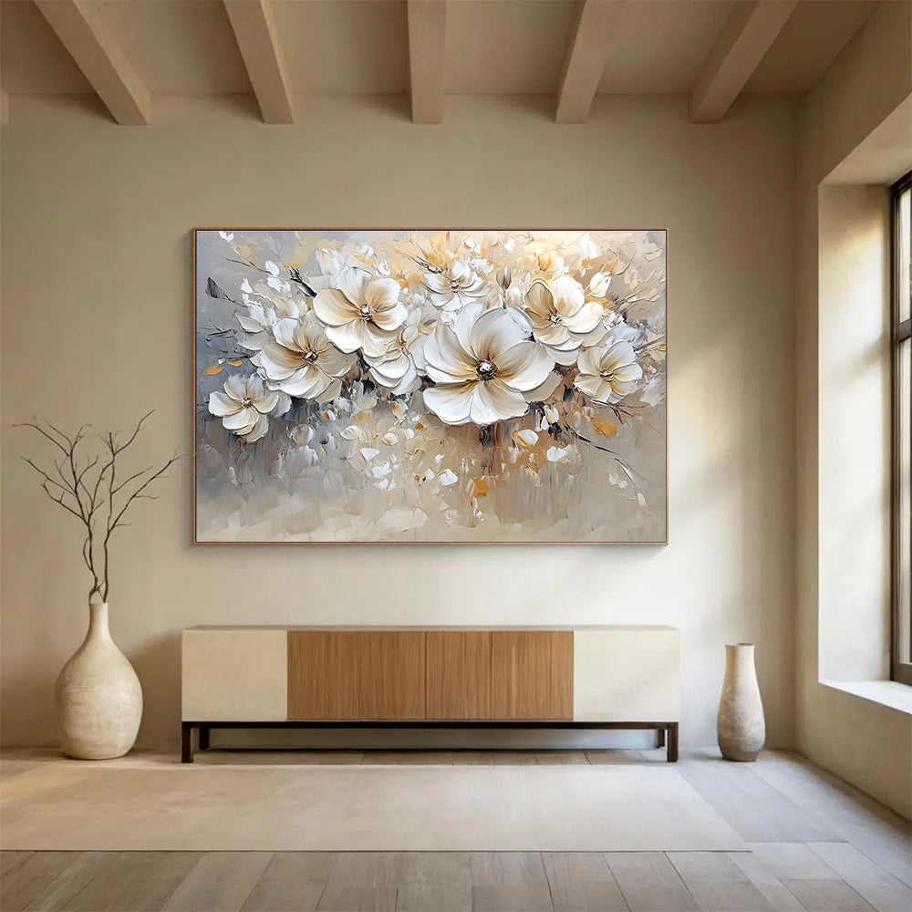 Large abstract painting featuring soft colors in white and beige with bold brush strokes and low detail of flowers.SC001