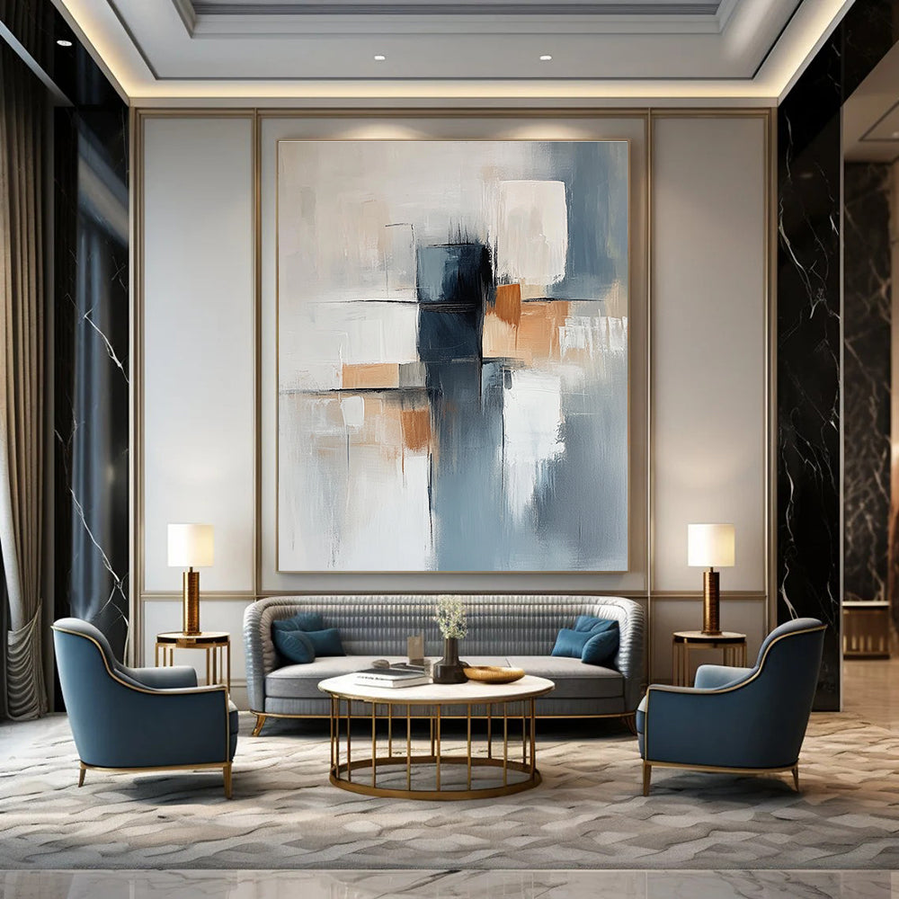 Large abstract painting featuring a light blue and gray background with soft lines and elegant white shapes complemented by dark blocks and warm accents.STSC400