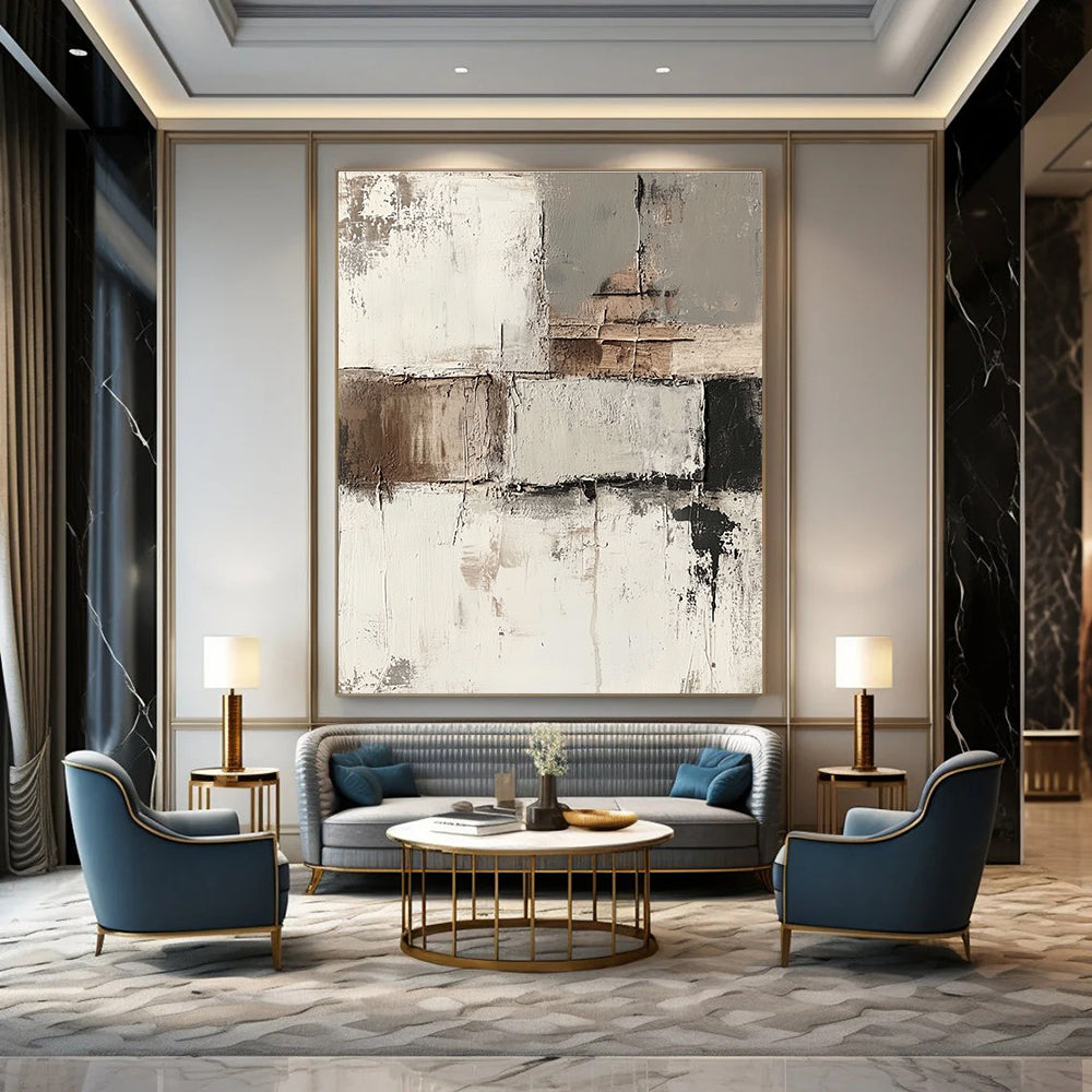 Abstract painting featuring impasto techniques with muted neutral tones and faded architectural elements on a soft grunge background.STSC424