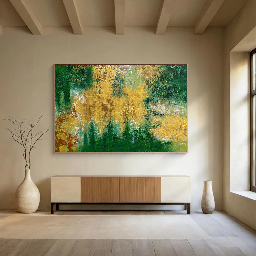 Green Gold Abstract Painting with Lush, Forest - Like Energy THY375
