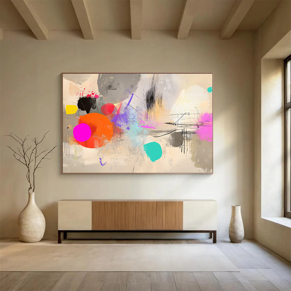 Large abstract artwork featuring digital collage with neutral tones, dynamic shapes, and vibrant colors, ideal for modern decor.SC042