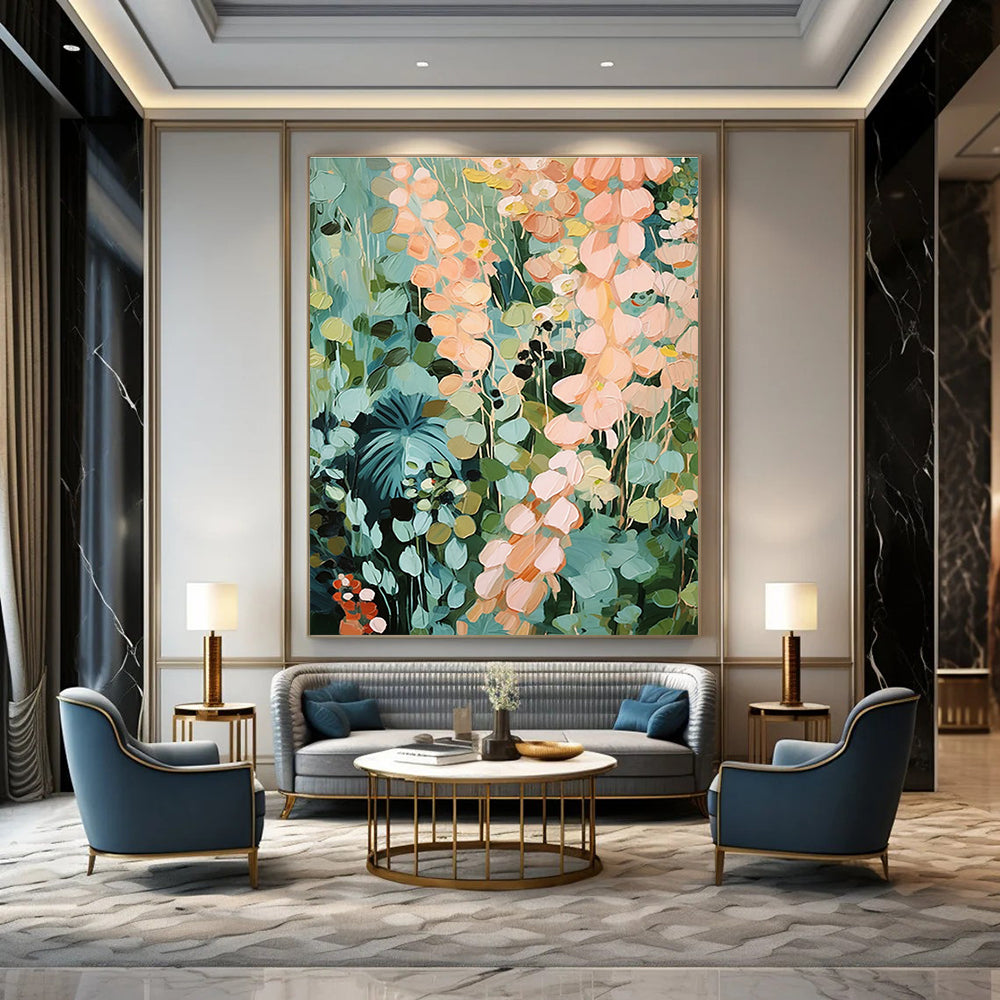 Dreamy Floral Abstract Painting with Light Blue and Peach Tones ADGE428