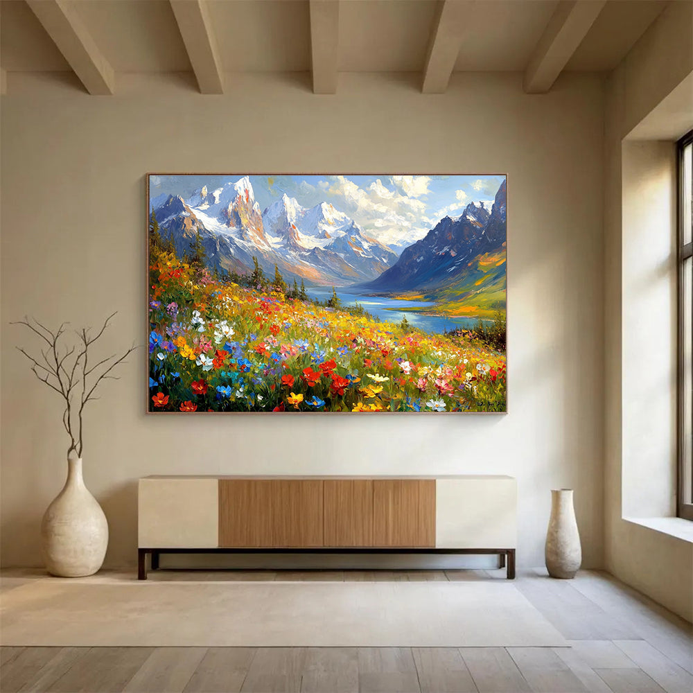 Abstract painting of vibrant wildflowers with majestic snow-capped mountains lakes and forests creating a stunning natural landscape.SC581
