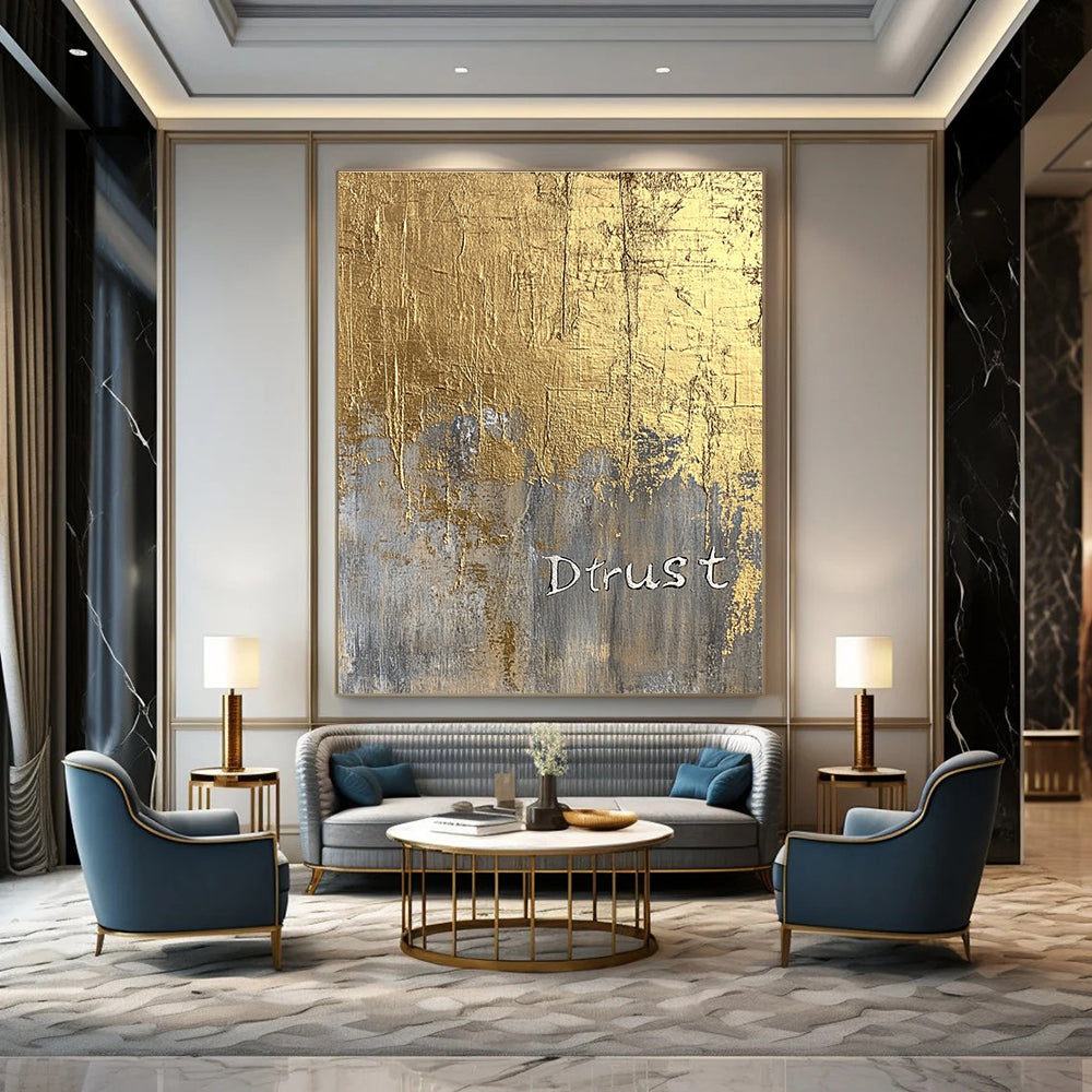 A large abstract painting featuring a gold foil background and textured silver lettering of Dtrust with elegant luxury and depth.STSC1003
