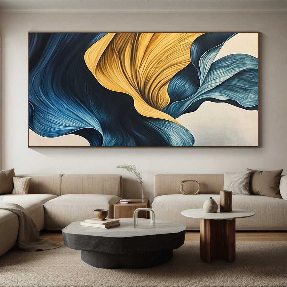 Blue and Yellow Flowing Abstract Painting with Smooth Curves GER049