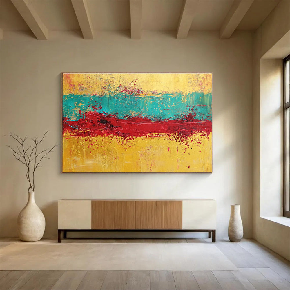 Gold Teal Red Abstract Painting with Textured Layers DYP428
