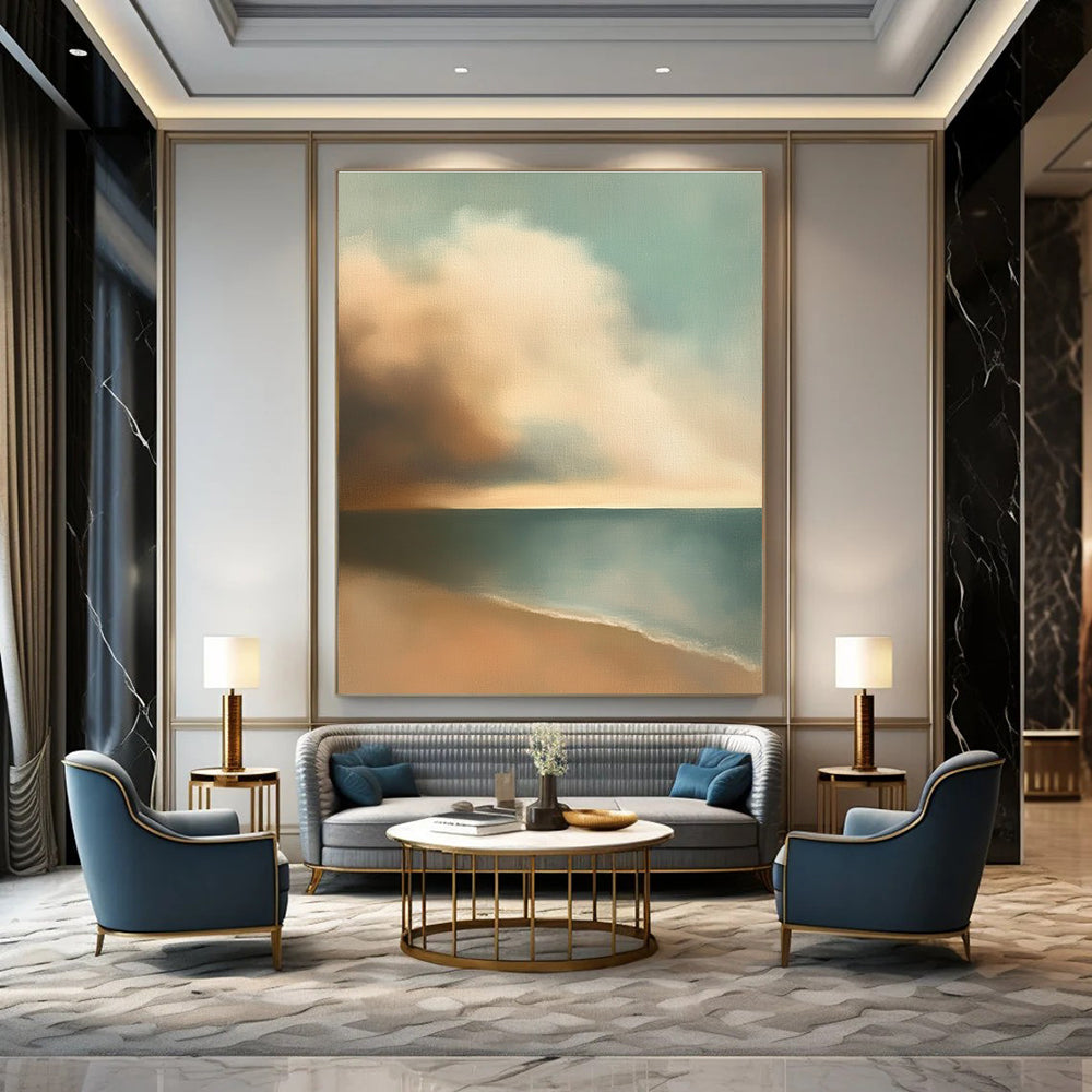 Large abstract oil painting of muted pastel colors depicting clouds and sky over the ocean inspired by Edward Hopper with earthy tones.STSC596