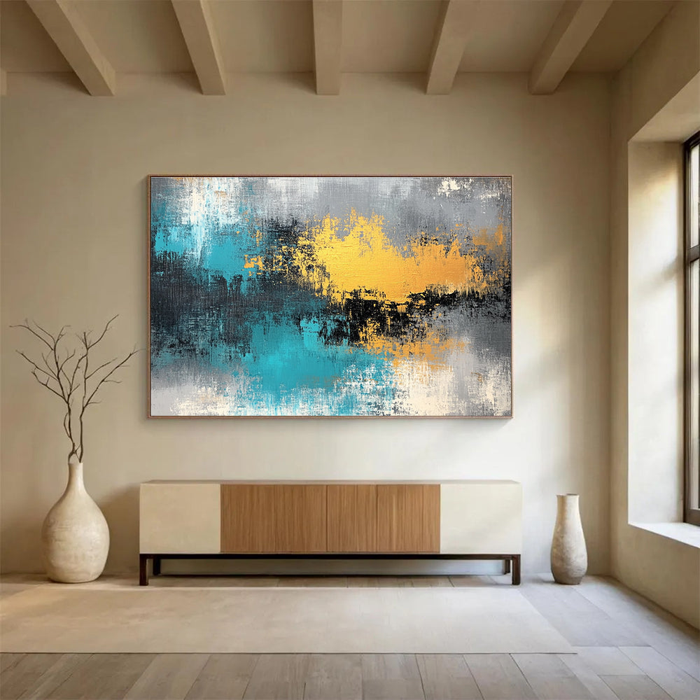 Blue and Gold Abstract Painting with Textured Brushstrokes DYP419